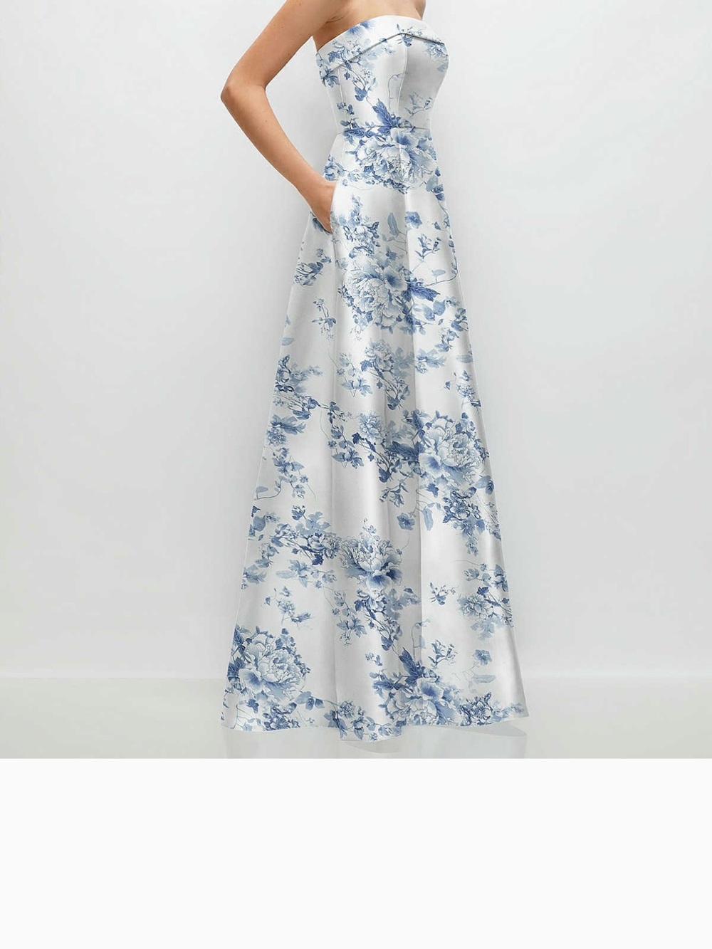 Dessy Collection Strapless Floral Gown in White and Blue